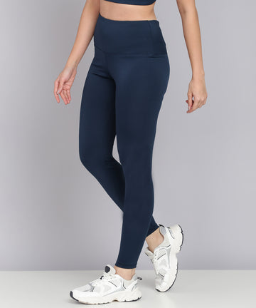 Solid Leggings with Back Zipper Pocket - Blue